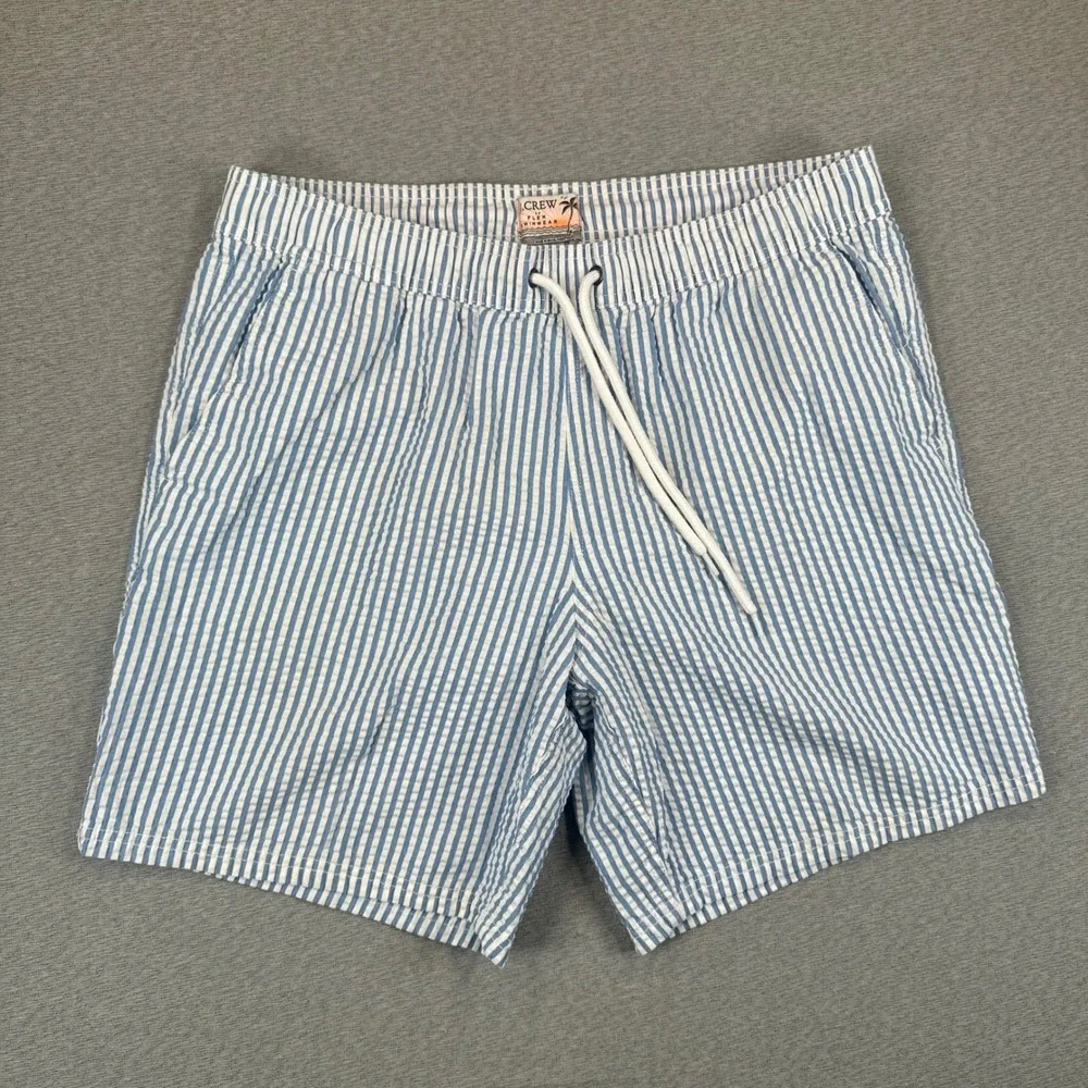 J.Crew Flex Swimwear Shorts Mens Large Blue White Seersucker Striped Swim Trunks